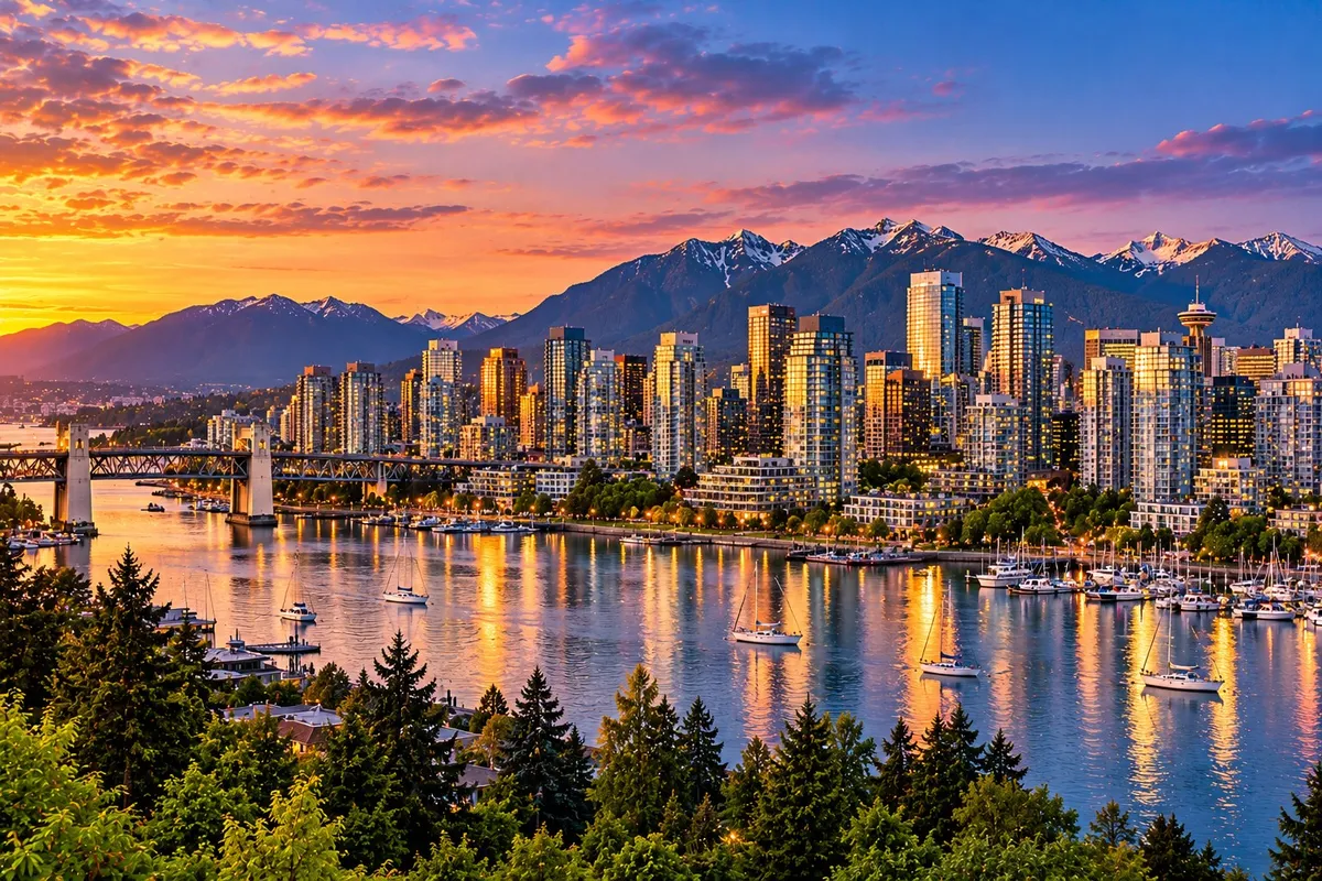 Vancouver skyline at sunset with snow-capped North Shore mountains and English Bay waters