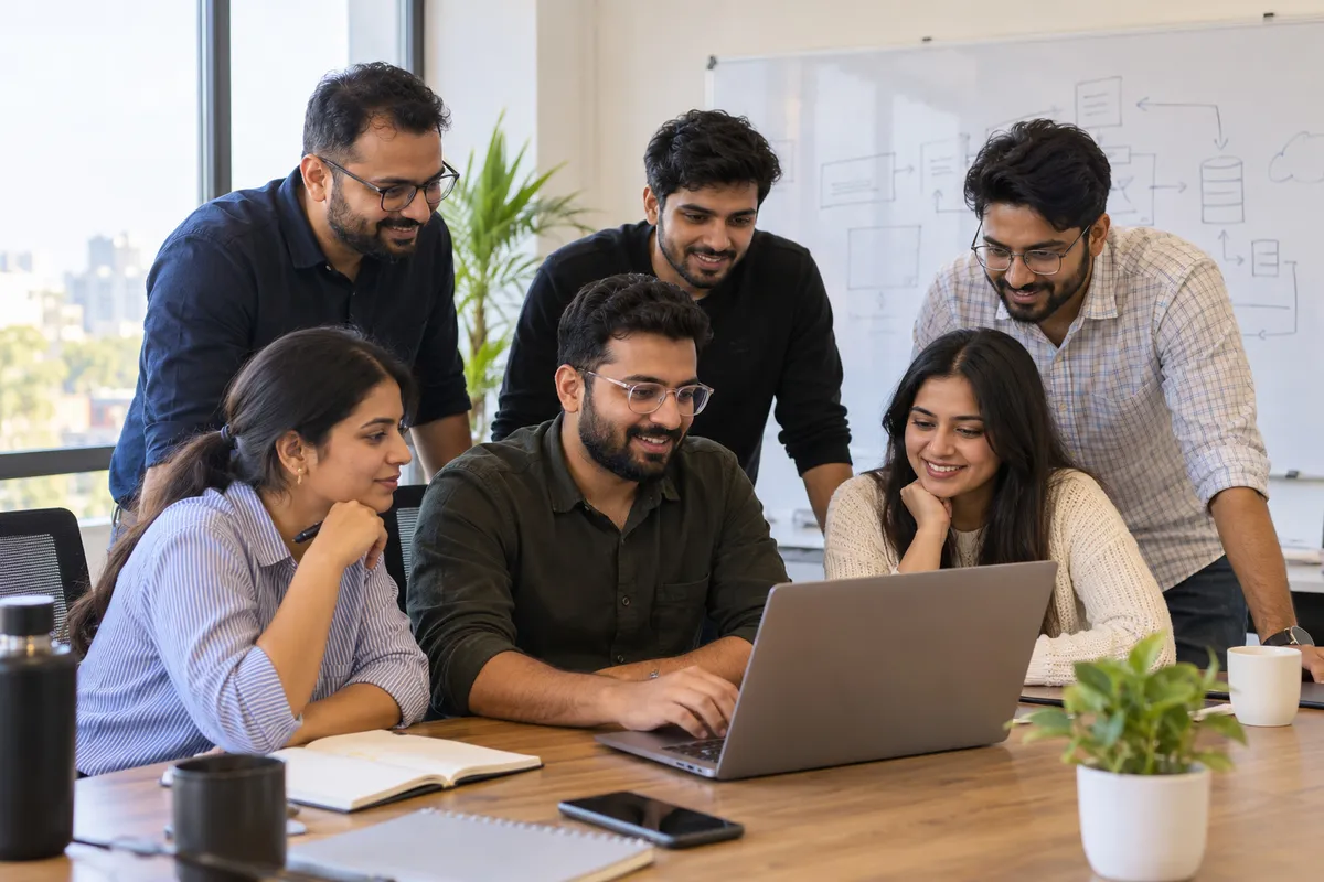 Small senior AnyPlace engineering team reviewing work in the Hisar office